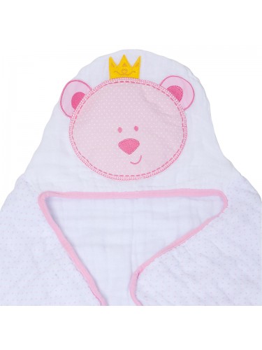 Toalha De Banho Soft Papi Toys C/ Capuz Bordado Urso Rosa 