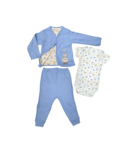 Conjunto Body, Calça e Casaco Malha Azul Urso Patimini